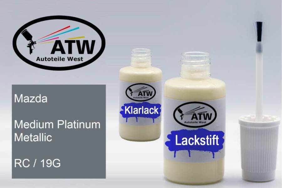 Mazda, Medium Platinum Metallic, RC / 19G: 20ml Lackstift + 20ml Klarlack - Set, von ATW Autoteile West.